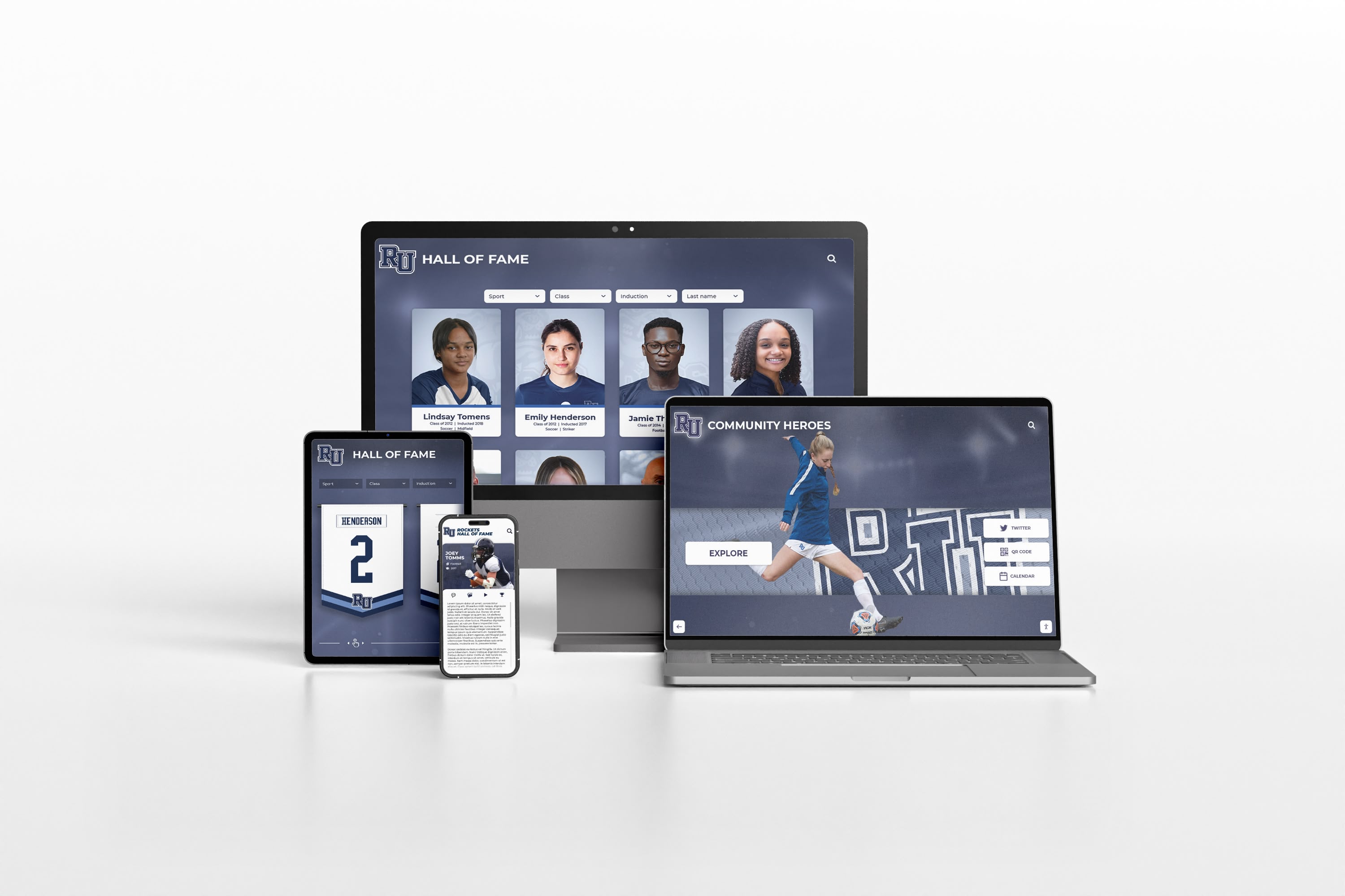 Digital hall of fame recognition platform displayed across desktop, tablet, and mobile devices Responsive hall of fame website shown on multiple devices including desktop, tablet, and phone