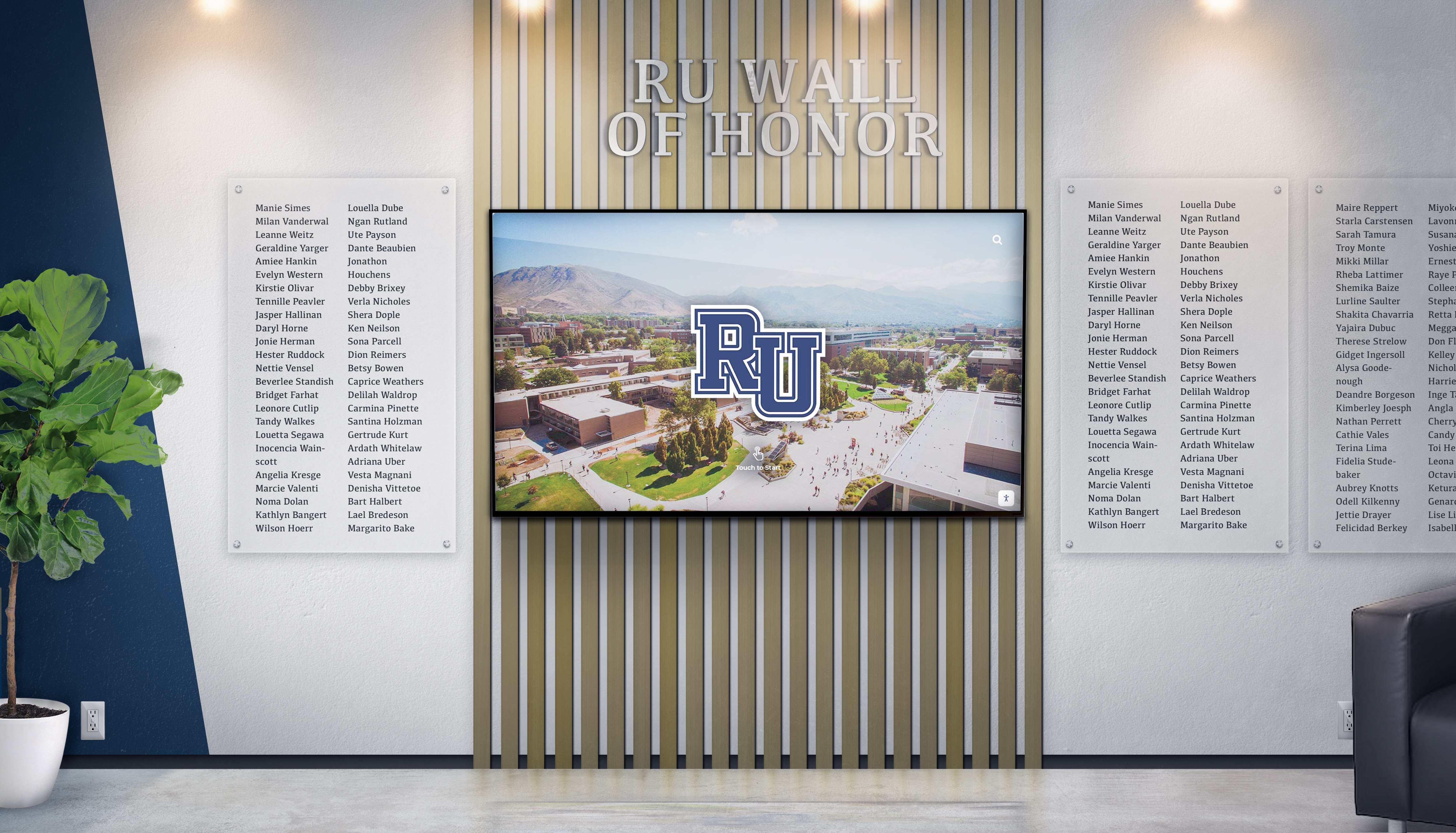 Comprehensive recognition wall with digital and physical elements Recognition wall
