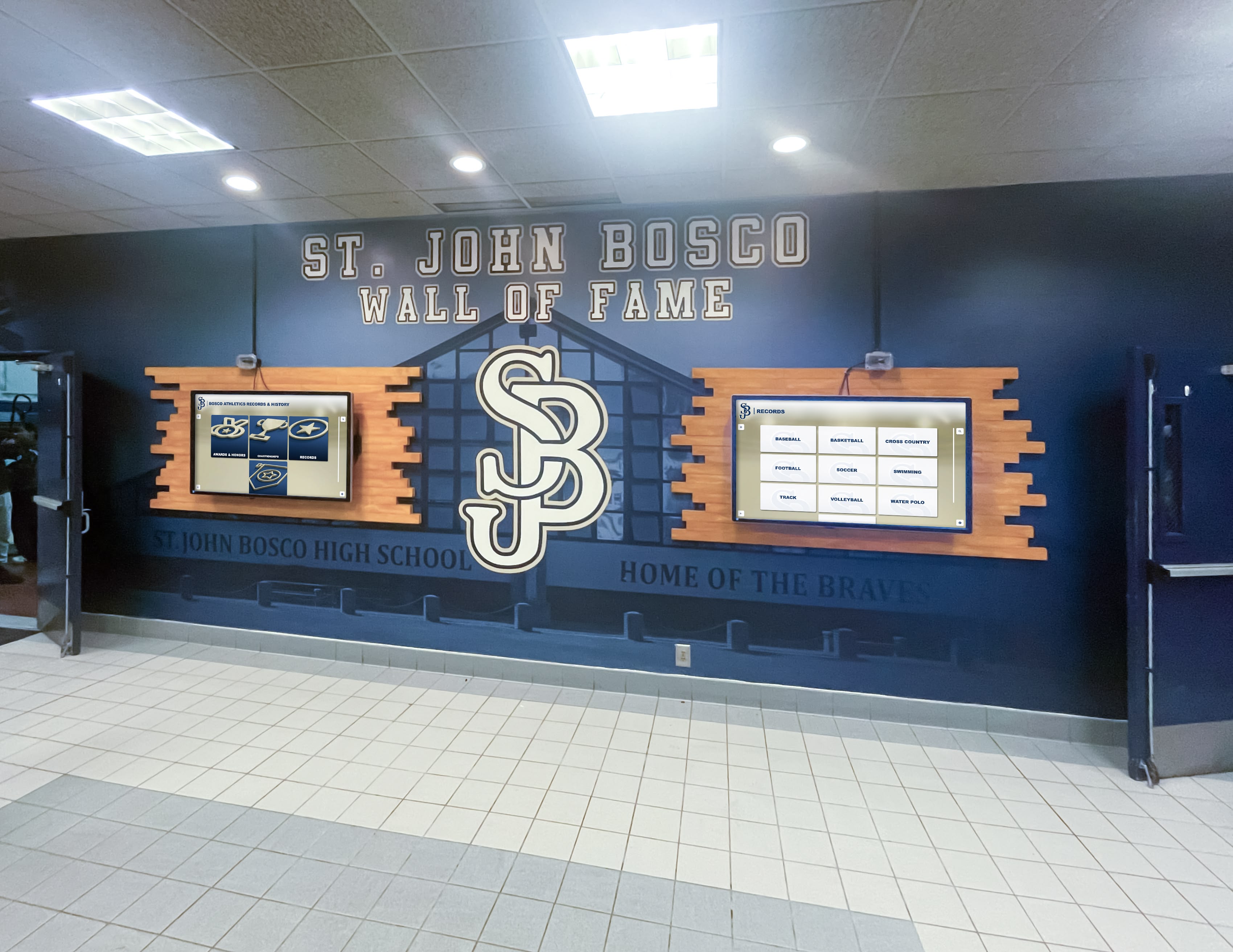 St. John Bosco wall of fame with two digital recognition screens installed in a school hallway Two digital screens in school hallway